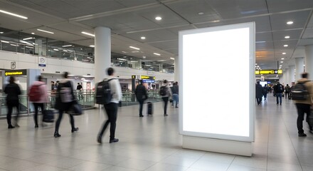 Brightly lit airport terminal features blank billboard subtly positioned among bustling travelers. AI Generated