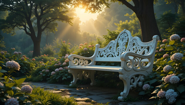 White Bench in Garden with Hydrangeas and Sun Rays Shining Through