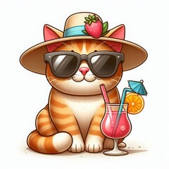 Naklejka premium Elegant cat in a hat with sunglasses and cocktail, enjoying sunny day