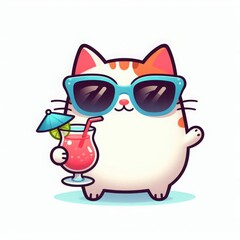 Adorable cat with sunglasses and cocktail, savoring a sunny vibe