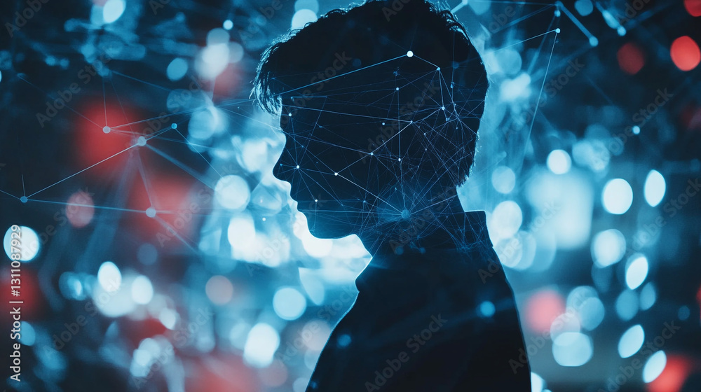 Poster silhouette of a person with network connections blue abstract background web data dark style image