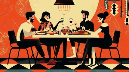 Stylized vector illustration showing intimate dinner gathering four diverse characters seated at square dining table sharing multiple dishes animated facial expressions and body language suggesting