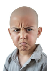 Bald angry boy with serious expression isolated on white background displaying frustration and emotion in childhood innocence and expression.
