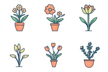 Colorful potted flowers and tulips, spring garden illustration, website design