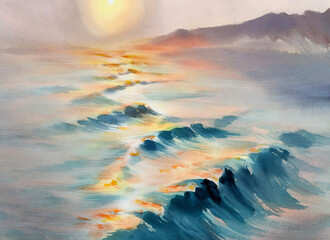 Sunset by the sea in the mist watercolor background