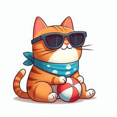 Trendy cat with scarf and sunglasses, holding a beach ball, enjoying summer