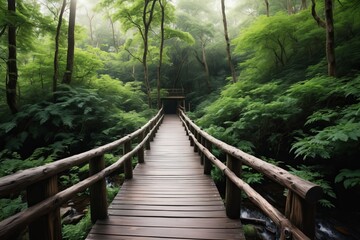 Fototapeta premium A wooden boardwalk bridge winds through the green forest path, a natural walkway for an outdoor summer walk among the trees