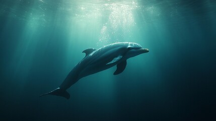 Fototapeta premium Majestic dolphin gracefully swimming in deep ocean water, sunbeams illuminating its form.