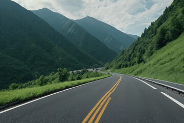 Naklejka premium The empty asphalt highway curves through the mountain landscape under a summer sky, a scenic drive and journey