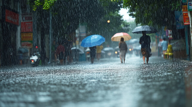 Rainy city street scene people walking umbrellas wet asphalt urban downpour summer monsoon day grey