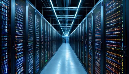 High tech server room displaying glowing network infrastructure. Rows of computing equipment processing digital data. Illuminating long corridor with blue tinted technological ambiance