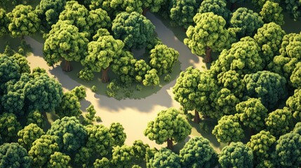 High-angle view of a winding path through a lush forest