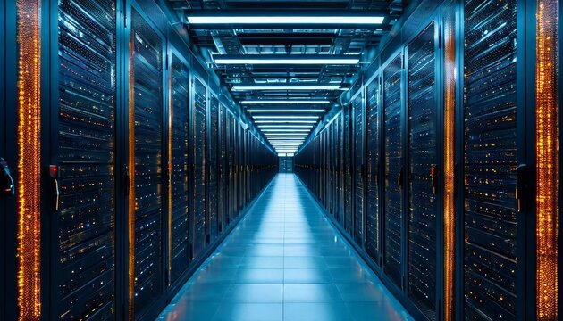 Modern server room corridor with data processing equipment and flashing lights representing the concept of big data, cloud computing, and information technology infrastructure - Powered by Adobe