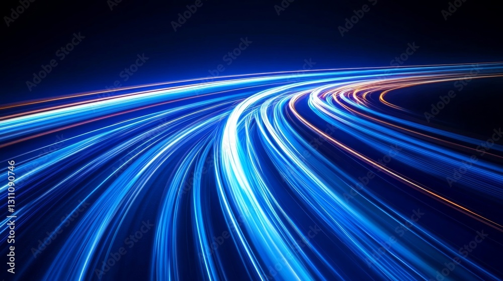 Poster bright blue light trails curve dynamically against a dark background, creating a sense of speed and 