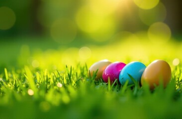 Brightly colored eggs resting in green grass during springtime celebration
