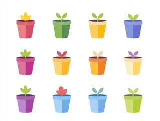 Colorful potted plants growing, spring planting, white background, website design