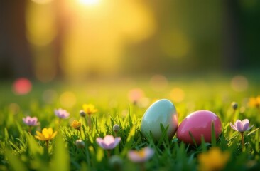 Fototapeta premium Colorful Easter eggs resting on a field of flowers during sunrise