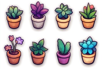 Colorful potted plants, home decor,  bright background, game asset