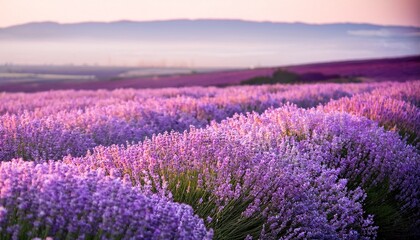 Fototapeta premium Lavender Field Gradient – A soft blend of lavender fields merging gently with pale pink and white, evoking a calm and serene atmosphere. 