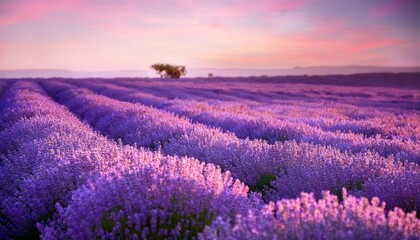 Fototapeta premium Lavender Field Gradient – A soft blend of lavender fields merging gently with pale pink and white, evoking a calm and serene atmosphere. 