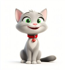 Obraz premium Adorable Gray Kitten with Red Collar and Bell 3D Rendered Cartoon Cat Cheerful Pet