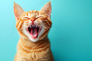 Happy cat laughing on light blue background