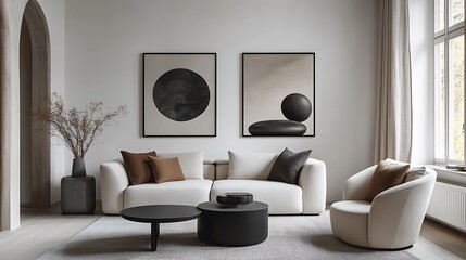 Two large, thick, black-framed posters hang on the wall of an empty living room. The style is a mockup, with white walls, a beige sofa and armchair