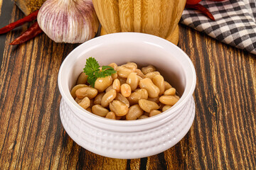 Baked white canned beans in the bowl