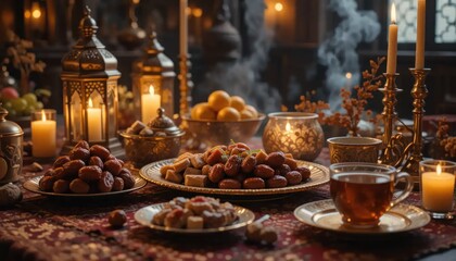 Warm and inviting Ramadan feast, dates, sweets, tea, and candles.