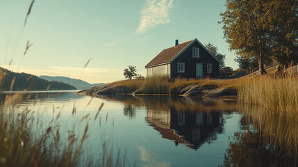 Fototapeta premium Tranquil lakeside cabin scenic summer landscape view sky calm home house water trees grass shore