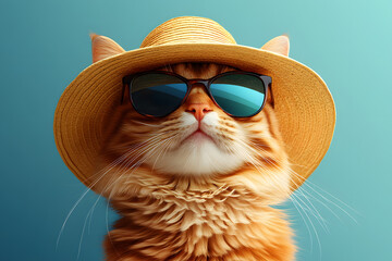Cat wearing sunglasses and a Panama hat, enjoying the summer vibe.