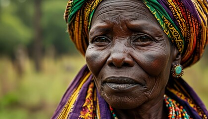 Fototapeta premium Senior african woman wearing vibrant headdress, contemplating quietly with traditional beaded necklace, representing cultural depth and feminine wisdom