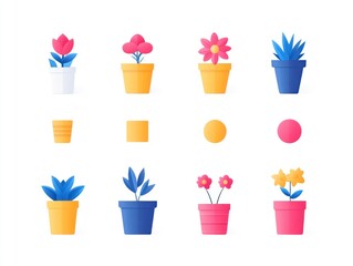 Colorful potted plants, spring flowers, garden design, white background, website illustration