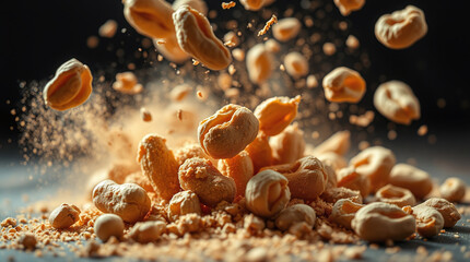 "Sculptural clay art, extreme macro close-up of high-speed photography depicting crispy roasted peanuts falling mid-air, crumbs and dust particles creating dynamic effect."