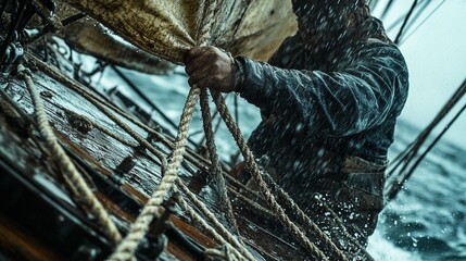 Sailor adjusting sail in stormy sea, close-up view of hands and ropes.