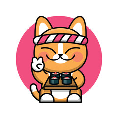 CUTE ORANGE CAT IS BRINGING A PLATE OF SUSHI CARTOON LOGO