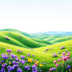 Obraz premium Panoramic View of Rolling Green Hills and Blooming Wildflowers