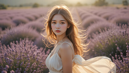Woman in White Dress Standing in Field of Lavender Flowers