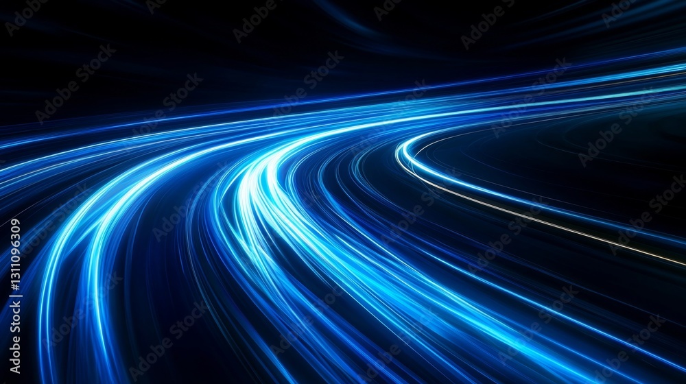 Poster bright blue light trails curve dynamically against a dark background, creating a sense of speed and 