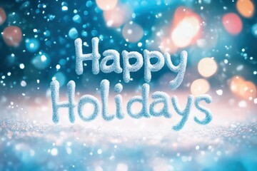 A digital illustration of "Happy Holidays" written in sparkling snow, dreamy blurred background with cool blue and white winter tones