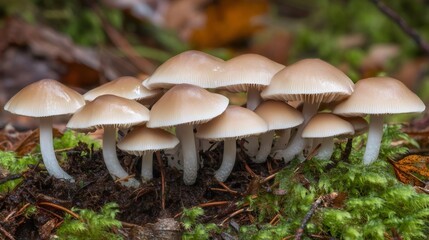 Cluster of mushrooms growing on mossy forest floor