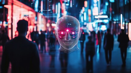 AI Driven Facial Recognition System Scanning People in City Scene