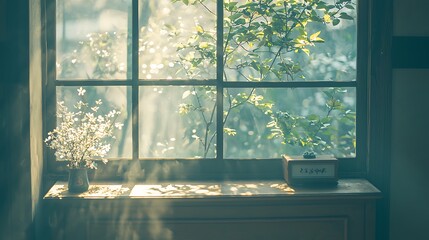 Naklejka premium Serene Sunlight Window Flowers Green Plants Home Decor Image