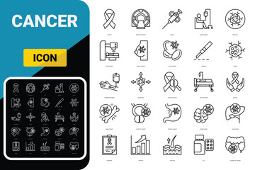 Cancer icon set. Containing tumor, oncology, chemotherapy, biopsy, radiotherapy, ribbon, breast cancer and more. Vector solid icons collection