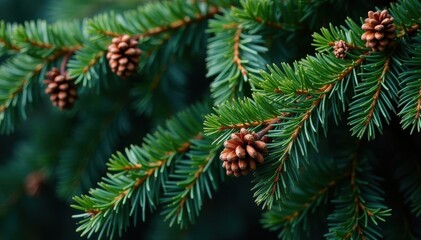 Deep green pine branches, abundant cones, natural winter texture, image, evergreen, natural