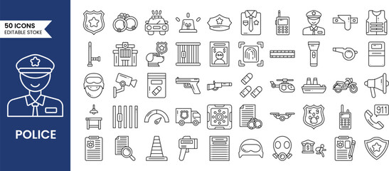 Police equipment icons set in line style. Containing badge, jail, arrest, investigate, weapon, police officer and more. Vector illustration