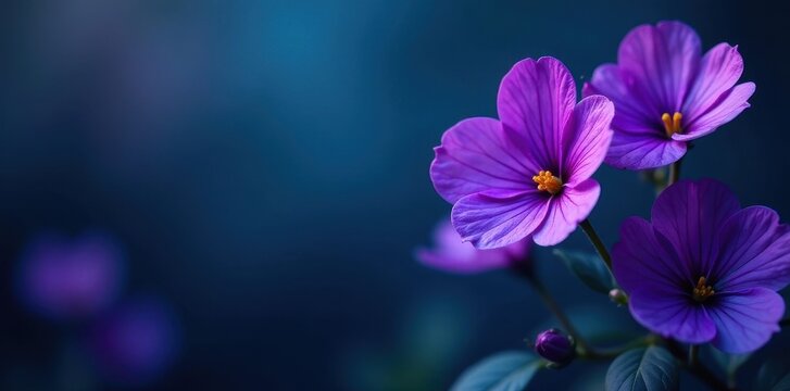 Deep purple violets bloom against a dark blue backdrop , photography, wildflower