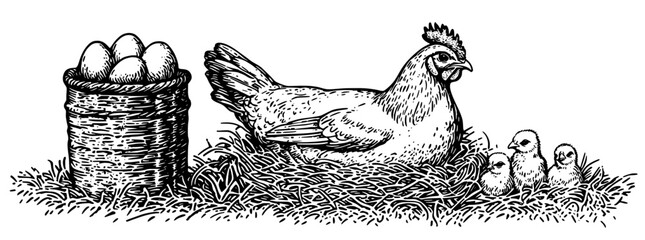 Obraz premium Engraved illustration of a hen with chicks and a basket of eggs in a serene farm setting