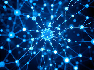 A futuristic AI neural network visualization with glowing blue and white interconnected nodes.