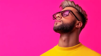Obraz premium Man with a beard and glasses is wearing a yellow shirt and looking up. The image has a bright and cheerful mood, with the pink background adding a pop of color
